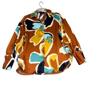 House of Harlow 1960 S Rust Abstract Floral Satin Button Down Blouse Oversized